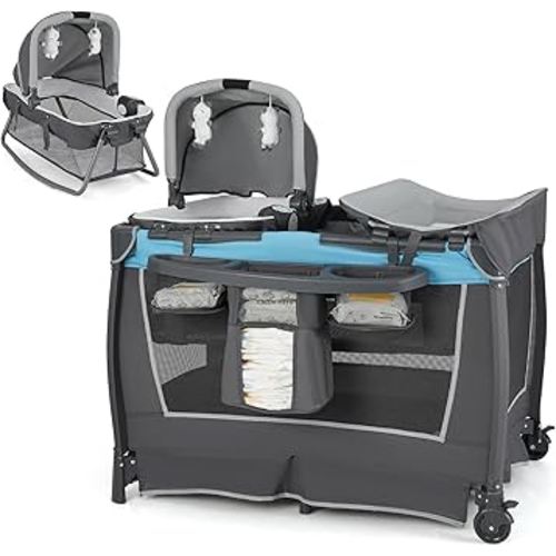 HONEY JOY Pack and Play, 5 in 1 Portable Infant Playpen with Bassinet & Changing Table, Storage Bag, Music Box, Toys, Carry Bag, Nursery Center, Baby Playard Pack n Play Crib for Boys Girls