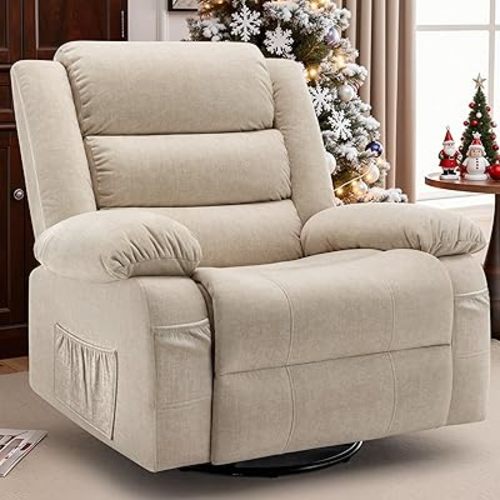 Recliner Chair, Wide Rocker Chair, Rocking Chair with Massage and Heat,360°Swivel Nursery Rocking Chairs, Oversized Recliner for Adults, Cashmere Reclining Sofa for Living Room, Khaki