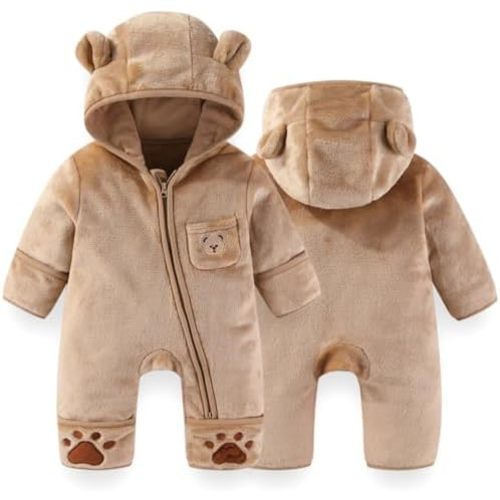 Newborn Baby Bear Outfit With Fold-Over Mittens and Footies Thin Fleece Romper Hooded Jumpsuit Winter Coat Girls Boy 0-12 M