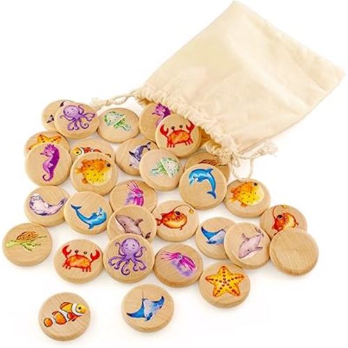 Ulanik Sea Creatures Matching Memory Game for Toddlers Age 3 + Year Old Preschool Wooden Board Games for Kids 4-8 Learning & Education Toys — 30 Chips, 1.57 in