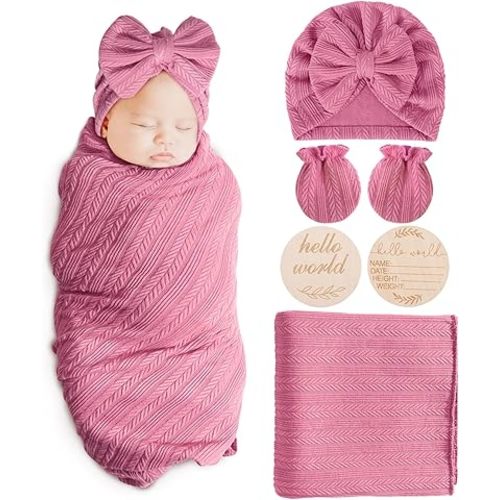 Newborn Receiving Blanket Wheat-Pattern Baby Girl Swaddles Wraps with Bow Hat Mittens Wooden Card for Newborns Toddler Gift Baby Essentials