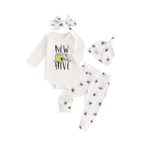 Qtinghua Newborn Baby Boy Girl Coming Home Outfit Bumble Bee New to the Hive Bodysuit Pants Hat Headband 4pcs Set