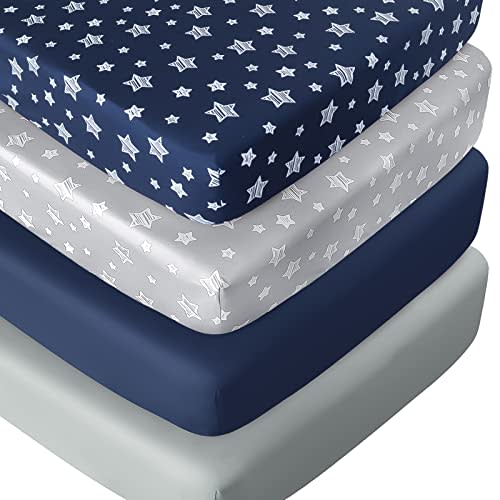 Crib Sheets for Boys or Girls 4 Pack, Fitted Crib Sheet for Standard Size Crib and Toddler Mattresses, Soft and Breathable Material, Navy