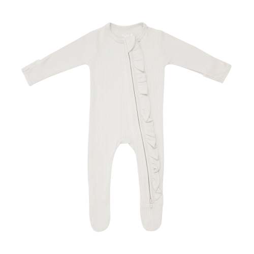 Ribbed Ruffle Bamboo Zipper Footie in Oat | Kyte Baby
