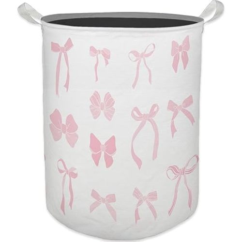 Pink Girls Laundry Basket, Toybox for Girl Room, Coquette Pink Bow Ribbon Laundry Basket Hamper Waterproof Collapsible Clothes Toys Storage Bin Organizer for Bedroom Bathroom Girls Room Dorm