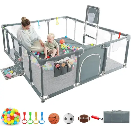 Baby Playpen, 79"x71" Playpen for Babies and Toddlers Indoor ＆ Outdoor Playpen with Breathable Play Pen with Ocean Balls Hanging Pocket Basketball Hoop and Football Goal
