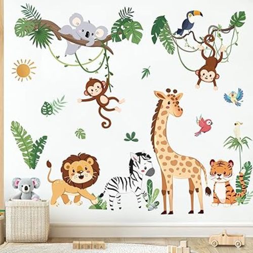 wondever Animal Toddler Wall Decals Safari Lion Giraffe Monkey Tropical Leaves Peel and Stick Wall Stickers for Kids Bedroom Baby Nursery Room Decor