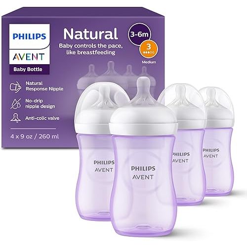 Philips Avent Natural Baby Bottles with Natural Response Nipples (Medium Flow, Flow 3), 9oz, Purple, 4-Pack, SCY903/34