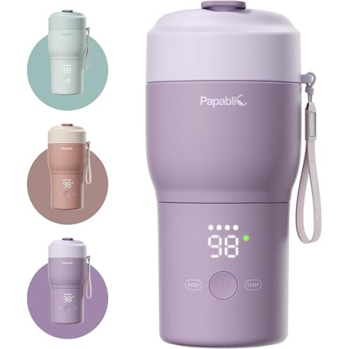 Papablic Portable Bottle Warmer for Travel – Fast Heating, Built-in Sterilizer, 30W Fast Charge, 5-Temp Control, Easy-Clean Wide Mouth, Baby Milk Warmer for Breastmilk & Formula