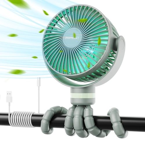 Momcozy Portable Stroller Fan, 8000mAh, 27H Ultra-long Battery Life, Detachable 4 Speed 360°Rotate, LED Night Light with 2 Modes, USB Rechargeable Handheld Cooling Fan for Travel, Car Seat, Bedroom - Sage Green