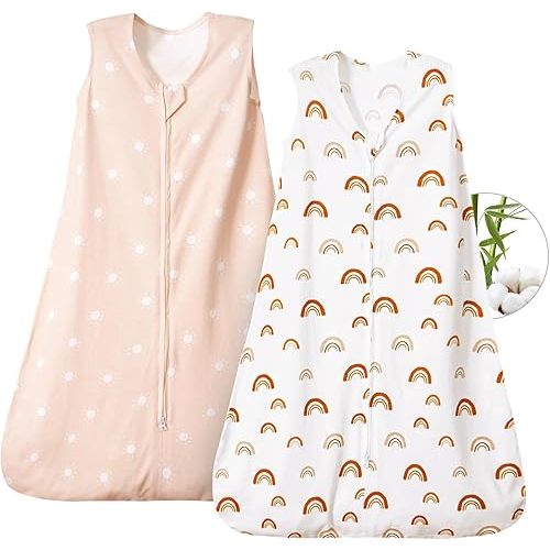 PHF 70% Rayon Derived from Bamboo and 30% Cotton Baby Sleep Sacks 0-6 Months, Baby Sleeping Bag 2-Way Zipper, 2 Pack 0.5 TOG Soft and Breathable Wearable Blanket for Baby Unisex Small Size, Rainbow