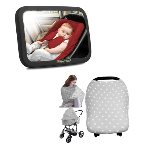 Keababies Large Shatterproof Baby Car Mirror and Baby Car Seat Cover - Safety Baby Car Seat Mirror for Rear Facing Infant - Car Seat Covers for Babies