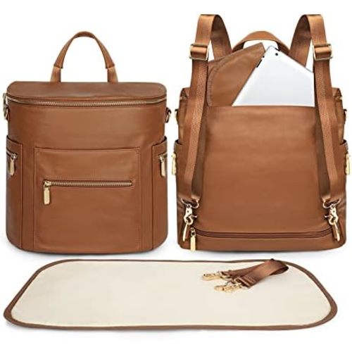 miss fong Diaper Bag Backpack Baby Diaper Bag, Large Leather Diaper Bag Backpack with Changing Pad,Pañaleras Para Bebe for Moms, Stroller Straps, and 2 Insulated Pockets(Convertible, Brown)