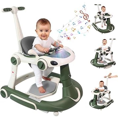 Baby Walker, 4-in-1 Baby Walker with Wheels Portable, Foldable Infant Toddler Walker for Boys Girls 6-18 Month,Removable Footrest,Car Steering Wheel & Music, Adjustable Push Walker Pink Green