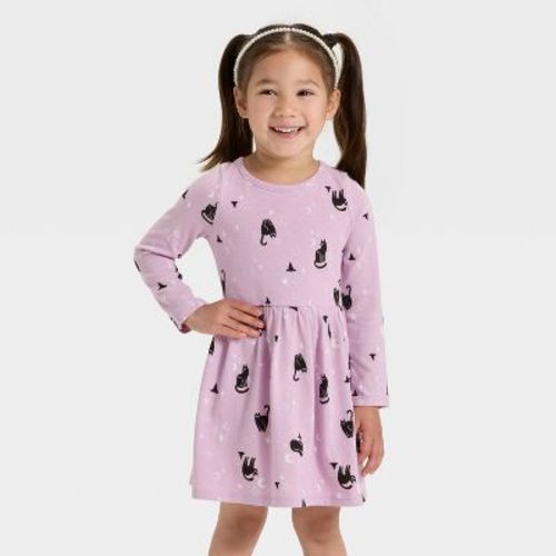 Toddler Girls' Long Sleeve Halloween Cats Dress - Cat & Jack™ Lavender 12M