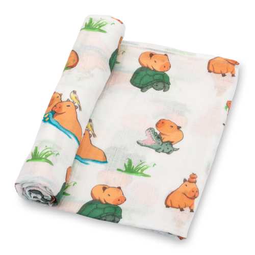 LollyBanks 100% Cotton Muslin Swaddle Baby Blanket, Capybara Prints Large 47 x 47 inches