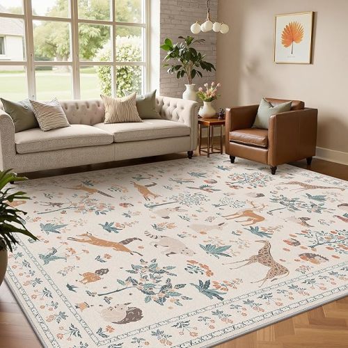 Woodland Animal Rug 8x10 Washable Area Rug Soft Low Pile Non Slip, Nature Inspired Large Carpet for Living Room, Kids Playroom, Nursery, Office (Beige, 8'x10')
