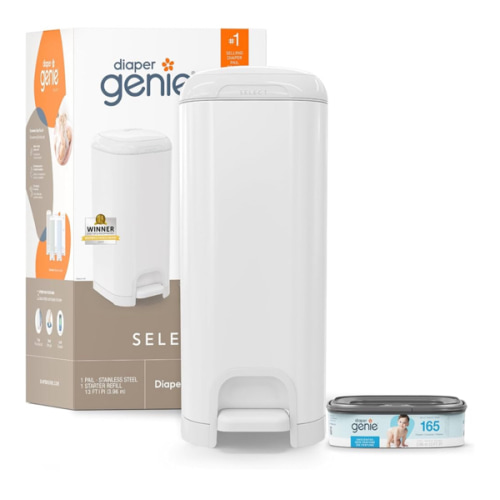 Diaper Genie Select Pail is Made of Durable Stainless Steel and Includes 1 Starter Square Refill That can Hold up to 165 Newborn-Sized Diapers.