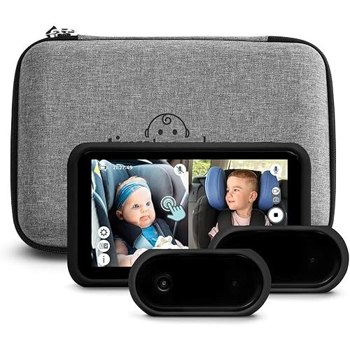 Tiny Traveler Baby Monitor Portable Baby Car Camera with Add-On Camera & Travel Kit, Baby Car Camera with Sound, Night Vision HD 720p 5" Touchscreen LCD Monitor, Battery Powered- Black