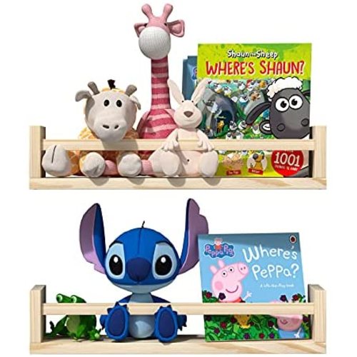 Classic Nursery Shelves, Set of 2 Natural Wood Floating Book Shelves for Kids Room, Wall Shelves for Bathroom Decor, Kitchen Spice Rack, Book Shelf Organizer for Baby Nursery Décor (16.5Lx4W)