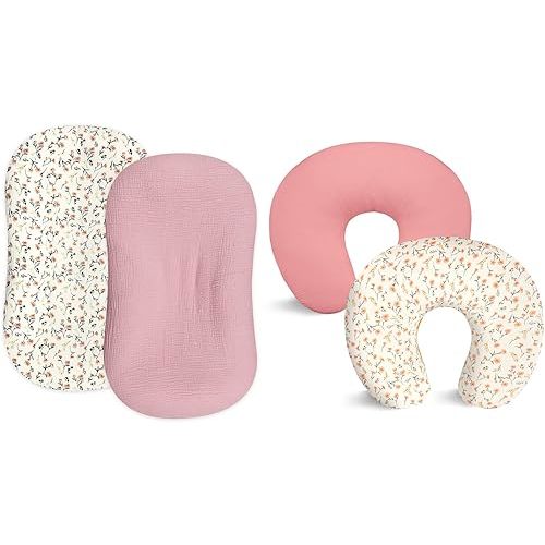 Hooyax Muslin Baby Lounger Cover 2 Pack and Muslin Nursing Pillow Cover 2 Pack, Soft and Breathable Infant Lounger Cover for Newborn, Adorable Infant Feeding Pillow Cover for Baby(Pink Floral)