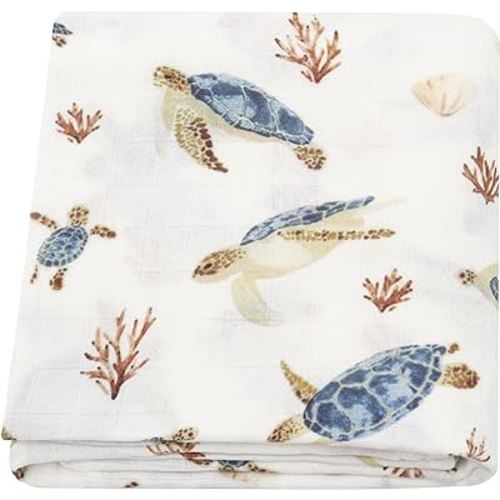 LifeTree Baby Swaddle Blanket, 70% Viscose from Bamboo and 30% Cotton Muslin Swaddles Blankets Boys Girls, Sea Turtle Swaddling Blanket Neutral for Newborn, Super Soft Large 47" x 47"