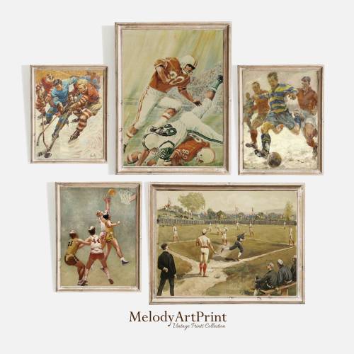 Vintage Nursery Art Gallery Wall, Sports Home Decor Set, Boy&#39;s Room Prints, Baseball, Hockey, Basketball, Football, Soccer Wall Art Prints