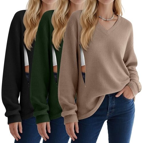 Sweetyweee 3 Pack Women's Oversized Nursing Tops Waffle Knit V Neck Breastfeeding Long Sleeve Shirts Hidden Zipper Sweatshirt