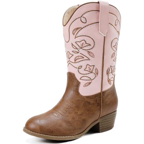 Cowgirl Boots for Girls Mid Calf Youth Girl Cowboy Western Boots Pointed Toe Embroidered for Horse Riding Country Party Toddler Little Big Kids