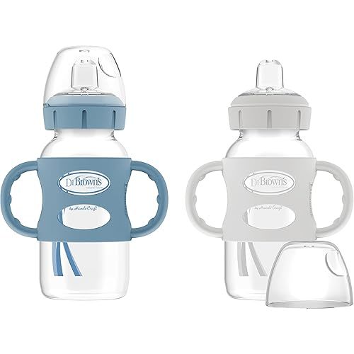 Dr. Brown's Milestones Wide-Neck Sippy Spout Bottle with 100% Silicone Handles, Easy-Grip Handles with Soft Sippy Spout, 9oz/270mL, Light-Blue & Gray, 2-Pack, 6m+