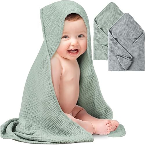 Konssy 2 Pack Muslin Hooded Baby Towels for Newborn Soft 100% Cotton Baby Bath Towel with Hood for Baby, Infant Ultra Absorbent, Baby Stuff Baby Bath Shower Gifts (Grey, Green,30" x 30")