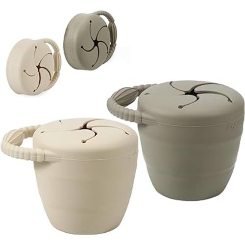 PandaEar Silicone Snack Containers, Collapsible Toddler Snack Cups Spill Proof Food Catcher for Toddler Baby, Pack of 2 (Light Tan/Walnut)