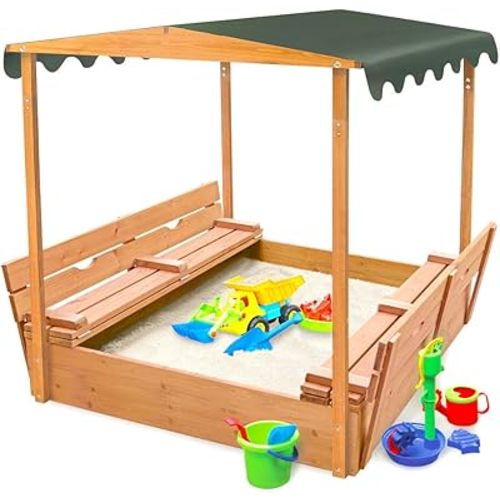 Badger Basket Cedar Sandbox for Kids with UV Canopy & Folding Benches - Outdoor Wooden Sandbox with Lid and Built In Seating - Durable Backyard Playset for Shaded Outdoor Fun - (46.5 x 46.5 x 57)