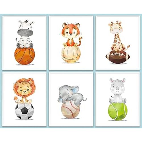 6 PCS Wall Art Baseball Football Soccer Sports Nursery Decor Boys Room Wall Decor, Unframed, Cute Animals Elephant Giraffe Tiger Lion Prints Painting Artwork for Bedroom Home Living Room, 8x10 inch