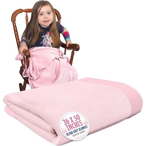 Blankets - Thermal Waffle Warm Baby Blanket for Crib - Soft and Cozy Baby Crib Blanket for Nursery, Stroller, or Naptime Comfort - Ideal Shower Gift - Pink, Satin Trim (36" x 50")