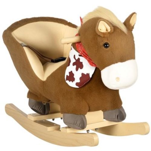 Qaba Baby Rocking Horse, Riding Horse, Plush Animal Rocker with Realistic Sound, Pedals, Toy for Boy Girl Aged 18-36 Months, Brown