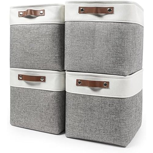 13x13 Cube Storage Bins, Collapsible Fabric Storage Box, 4 Pack Closet Baskets with Handles for Organizing, Shelf, Toys, Clothes, Home, Office, Nursery (Grey&White)
