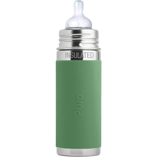Pura Kiki 9oz/260ml Stainless Steel Insulated Anti-Colic Infant Bottle w/Silicone Medium-Flow Nipple & Sleeve, 100% Plastic-Free, MadeSafe Certified, for Kids, Toddlers, Babies & Infant - Moss