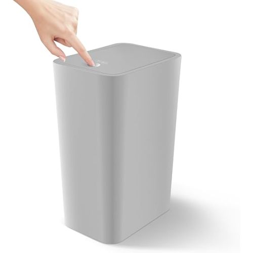 Cesun Bathroom Trash Can with Lid, 4.0 Gallon / 15 Liter Small Garbage Can with Press Top Lid, Plastic Wastebasket with Pop-up Lid for Toilet, Office, Bedroom, Living Room, Grey