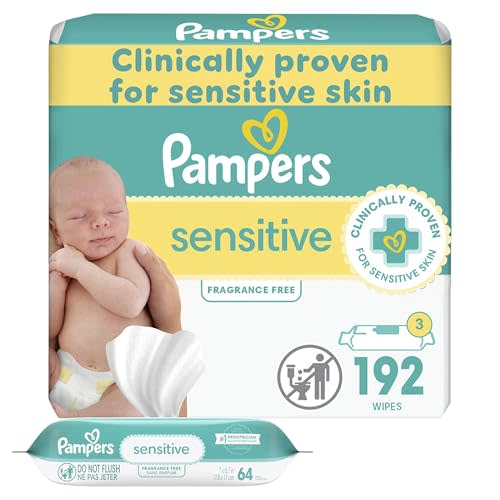 Pampers Baby Wipes Sensitive, Water Based Wipes, Hypoallergenic and Unscented Wipes, 192 Wipes Total (3 Refill Packs)