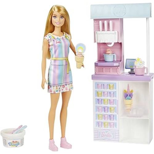 Barbie Careers Playset, Ice Cream Shop Set with Blonde Fashion Doll, Ice Cream Machine, Molds, Dough & Accessories