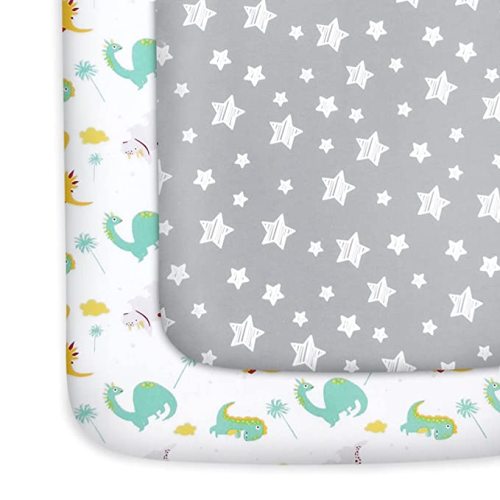 Pack and Play Sheets, 2 Pack Mini Crib Sheets, Stretchy Pack n Play Playard Fitted Sheet, Compatible with Graco Pack n Play, Soft and Breathable Material, Dinosaur and Grey Star