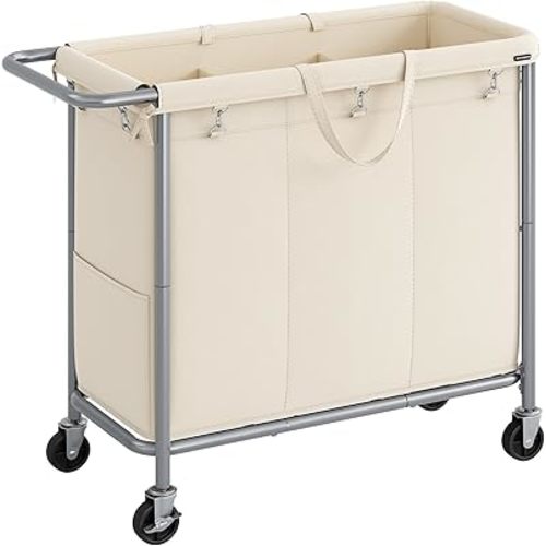 SONGMICS Laundry Basket with Wheels, 3-Section Rolling Laundry Hamper, 52.8 Gallons (200 L), Removable Liner, Steel Frame with Handle, 35.8 x 15.4 x 31.9 Inches, Cream White URLS005W01