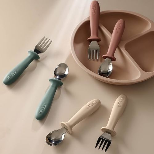 VITEVER 6 Pieces Toddler Utensils, Kids Silverware Set with Silicone Handle, Children Safe Spoons and Forks, 18/8 Stainless Steel, Food-grade Silicone - Dishwasher Safe - Green/Pink/Ivory