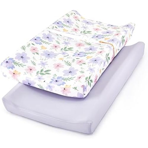TILLYOU Changing Pad Cover Set in Soft Jersey Material - Fits 32"/34''x16 Contoured Pad for Babies, Brilliant Little Flowers and Purple