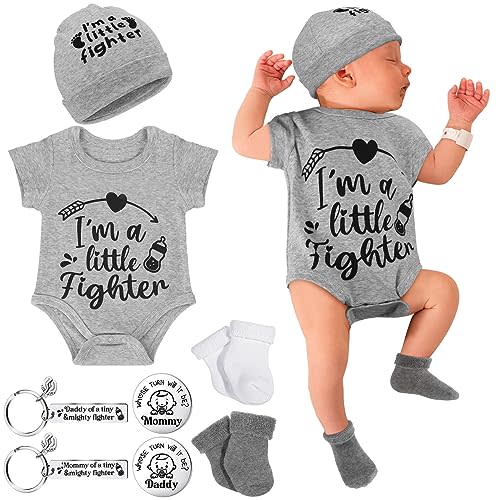 Toulite NICU Preemie Baby Gift Set I'm Little Fighter Preemie Baby Hat and Bodysuit Cotton Socks with Keychain Coin