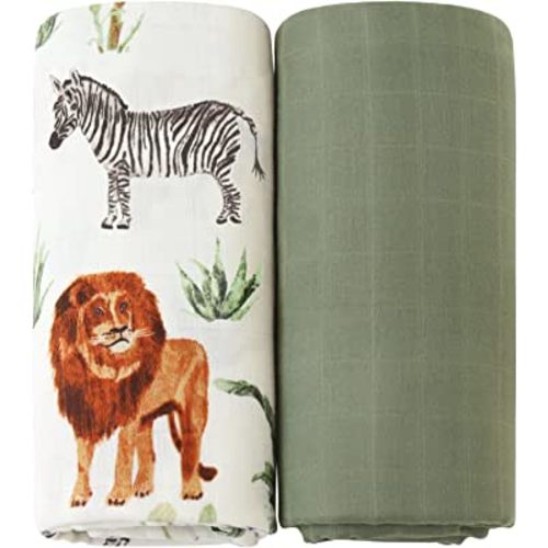 LifeTree Muslin Swaddle Blankets, Woodland Baby Swaddling Neutral Receiving Blanket for Boys & Girls, 70% Viscose from Bamboo and 30% Cotton, Large 47 x 47 inches Safari Jungle/Olive Green