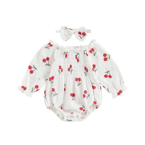 Aiwpstoin Infant Baby Girl Floral Romper Outfit Cotton Linen Smocked Bodysuit Long Sleeve Boho Clothes with Headband