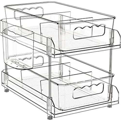 DOMNIU 2 Tier Clear Organizer with Dividers, Pantry Organization and Storage Multi Purpose Slide-Out Bathroom Organizer, Kitchen Pantry Medicine Cabniet Bins, Under Sink Organizer with Hanging Cup