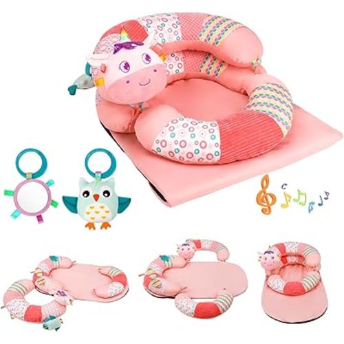 3-in-1 Tummy Time Pillow and Seated Support Playmat with Detachable Early Sensory Toys for Infant, Sitting Support to Prevent Reflux, Portable Gifts for Newborn Boys and Girls (Pink)